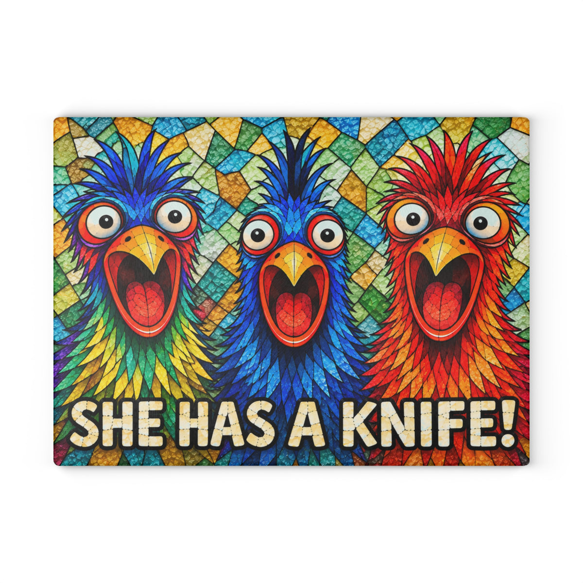 Funny Colorful Bird Glass Cutting Board – She Has a Knife Kitchen Humor