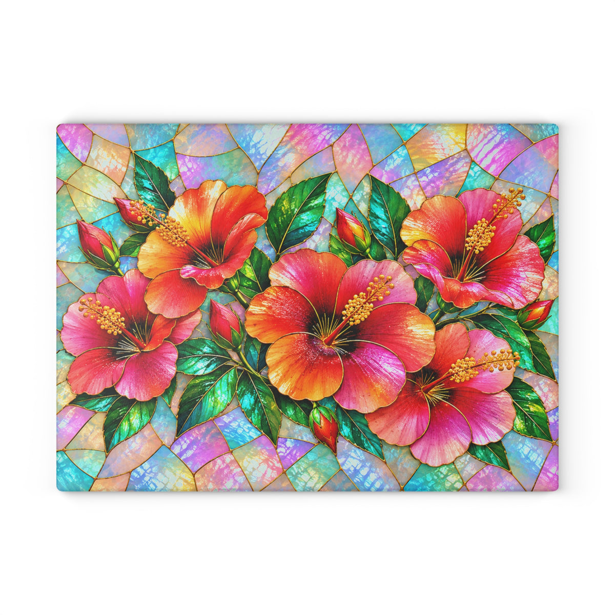 Stained-Glass-Inspired Tropical Hibiscus Cutting Board – Vibrant Pink & Orange Flowers, Iridescent Mosaic Background & Botanical Kitchen Décor