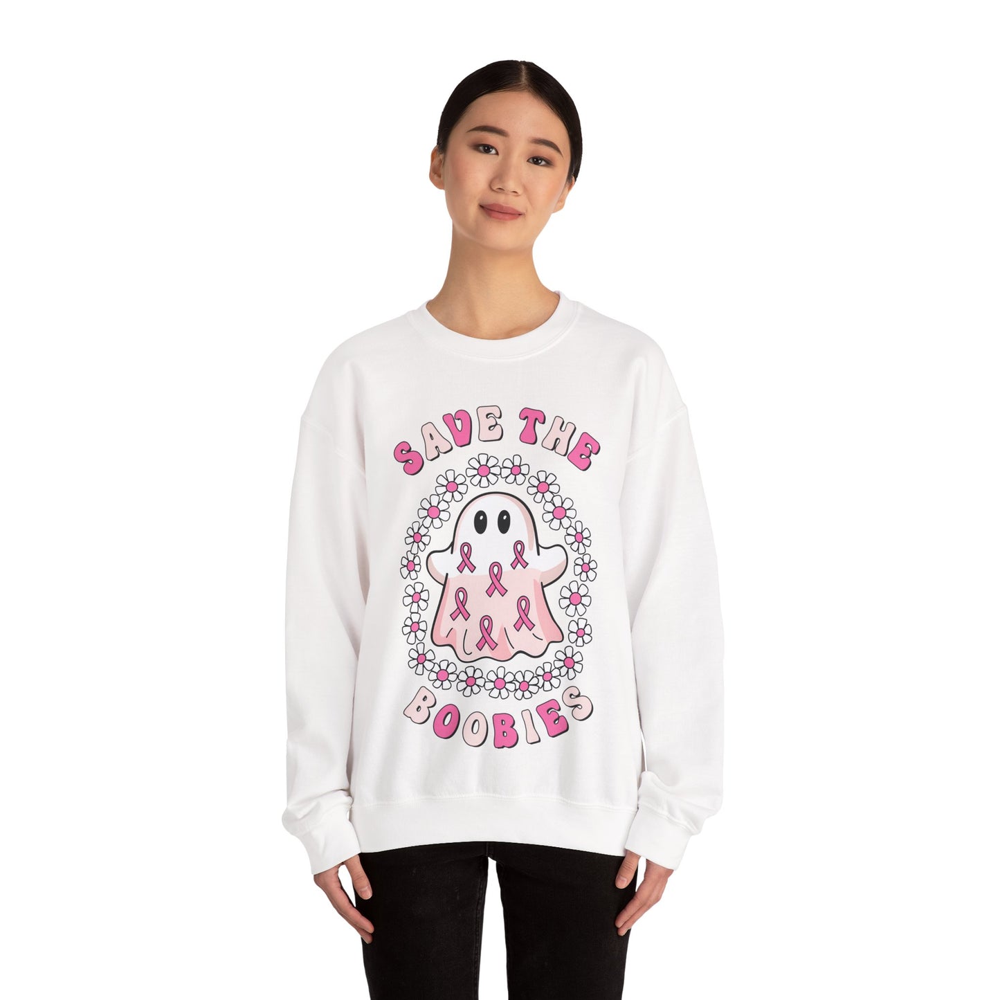 👻🎀 Save the Boobies Ghost Sweatshirt – Cute Breast Cancer Awareness Crewneck