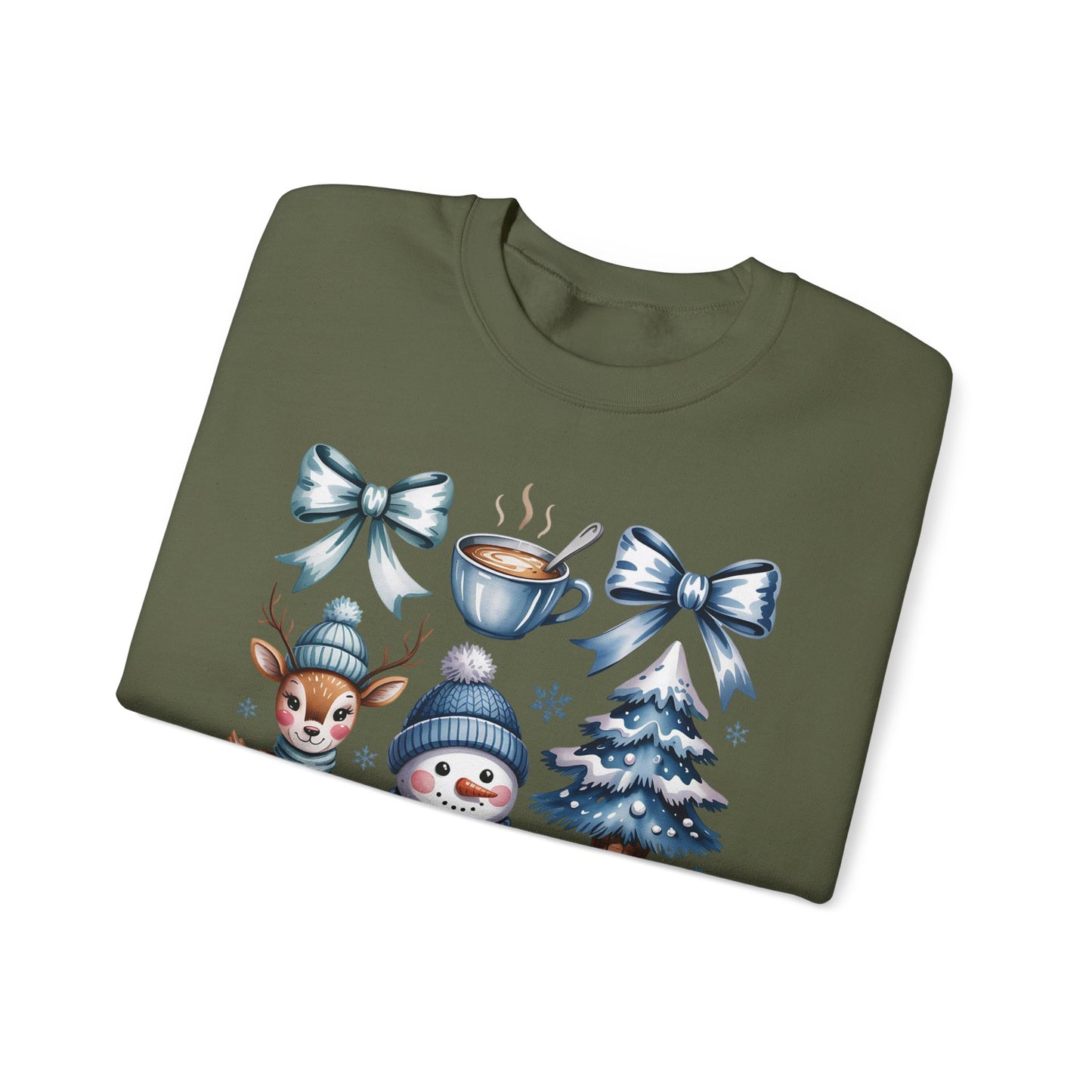 ❄️💙 Cozy Winter Vibes Crewneck – Reindeer, Snowman, Cocoa & Bows