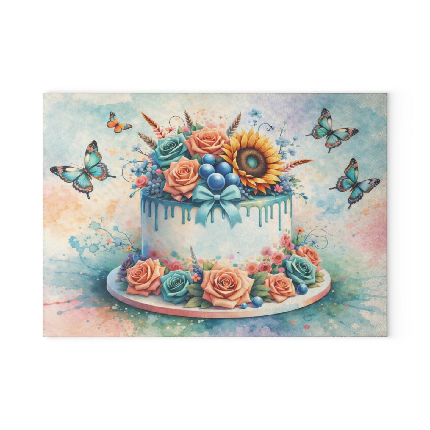 Floral Celebration Cake Glass Cutting Board – Elegant Dessert Kitchen Decor