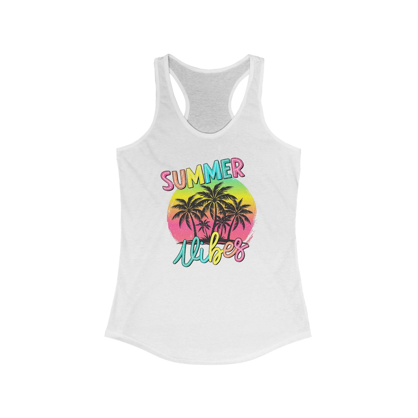 Camiseta de tirantes con espalda nadadora Summer Vibes – Estampado de palmeras | Camiseta de verano para mujer | Solo en blanco