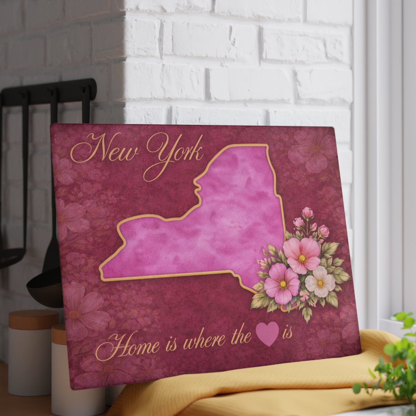 New York State Home is Where the Heart Is Glass Cutting Board – Floral State Pride Kitchen Decor