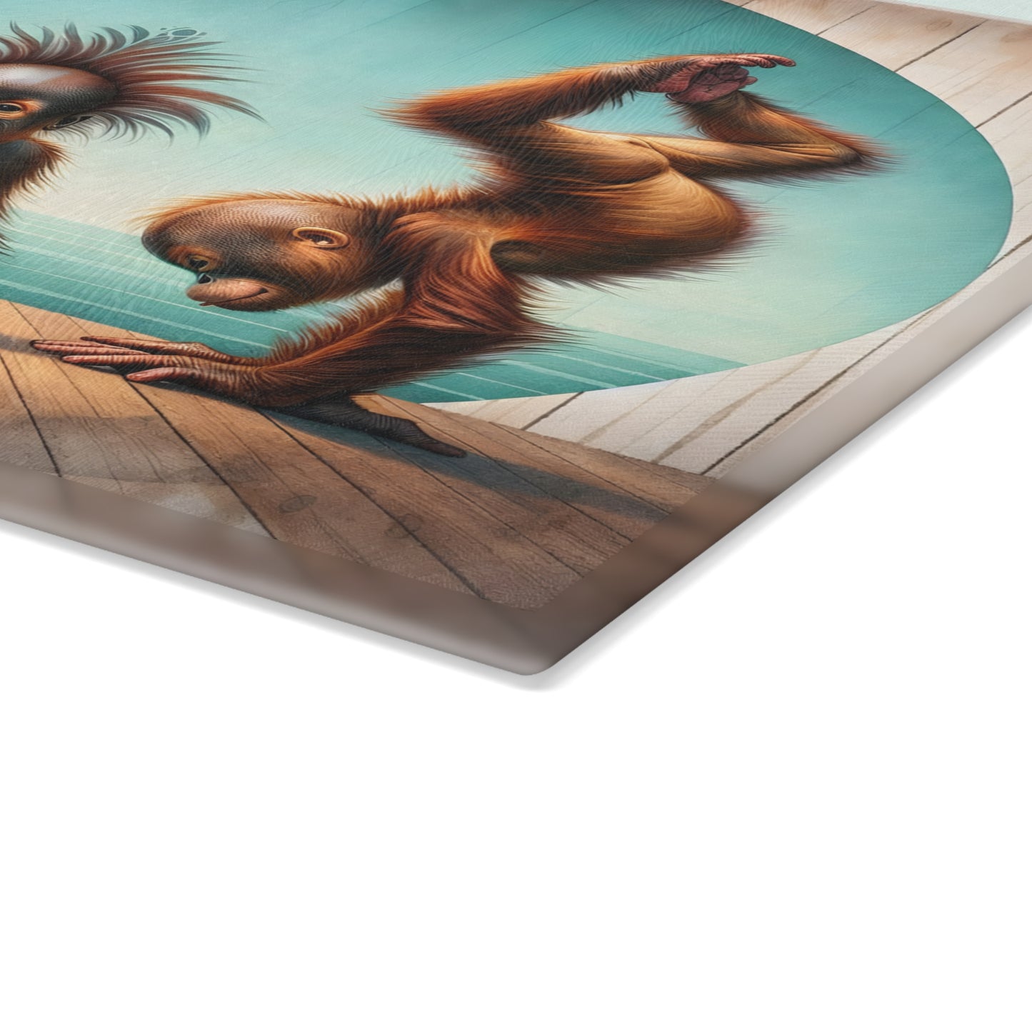 Playful Orangutan Yoga Glass Cutting Board – Whimsical Animal Art Kitchen Display