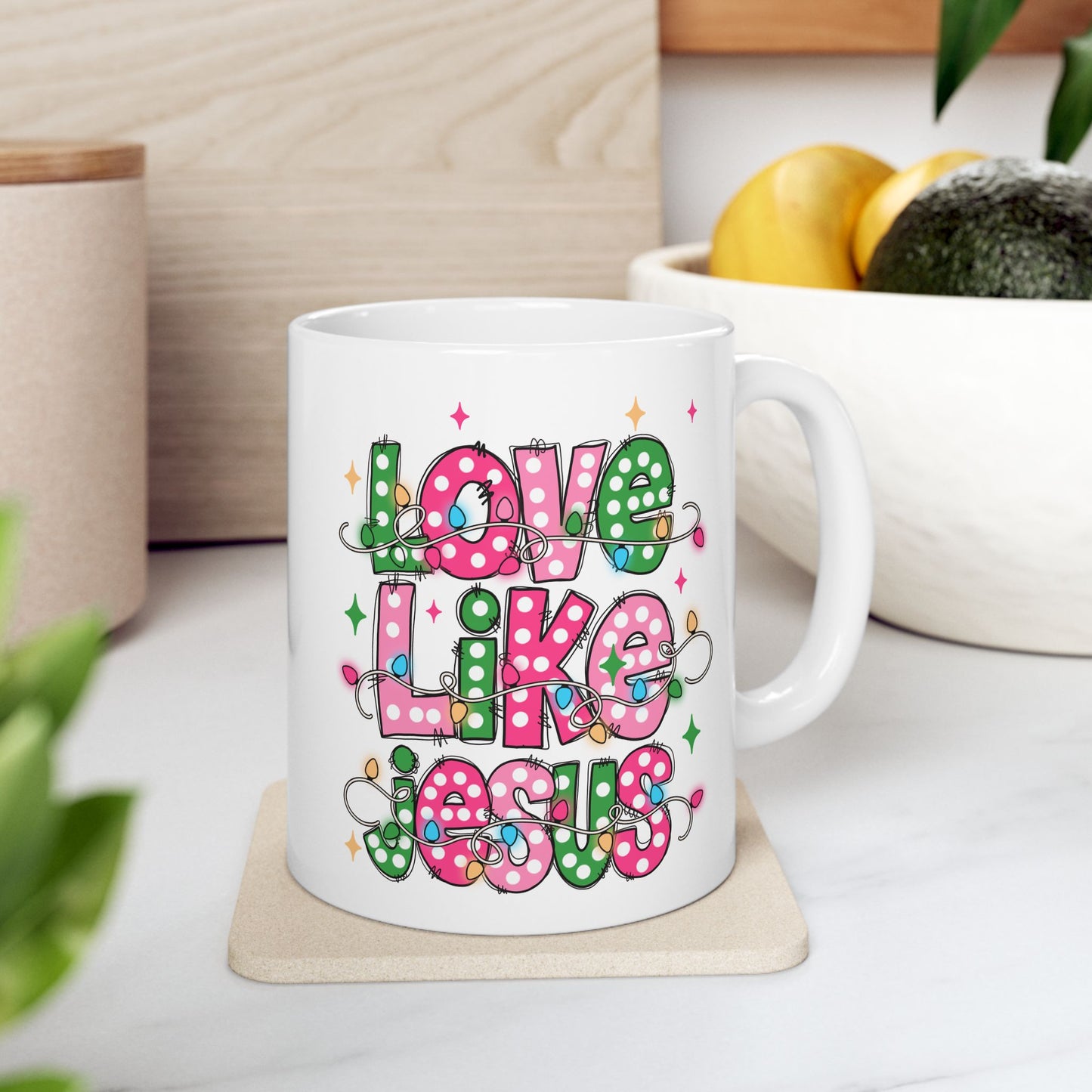 ☕ Love Like Jesus Coffee Mug – Holiday Lights & Faith-Filled Cheer 💖🎄