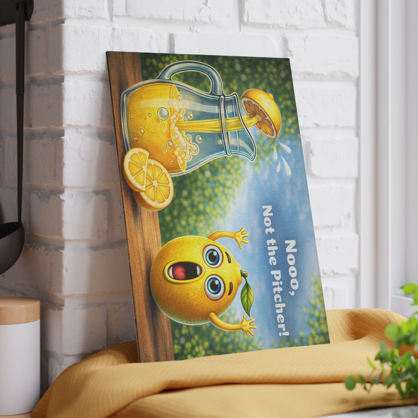 Nooo, Not the Pitcher! Glass Cutting Board – Playful Lemonade Humor Kitchen Artwork