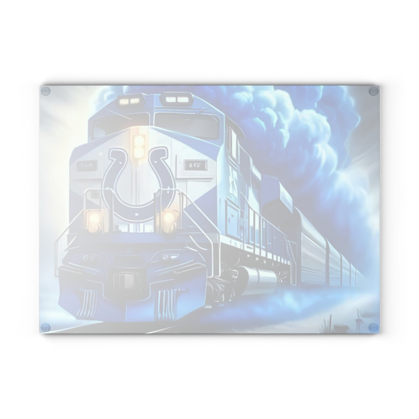 Royal Blue & White Express Glass Cutting Board – Sleek Train Art for Clean, Modern Kitchens