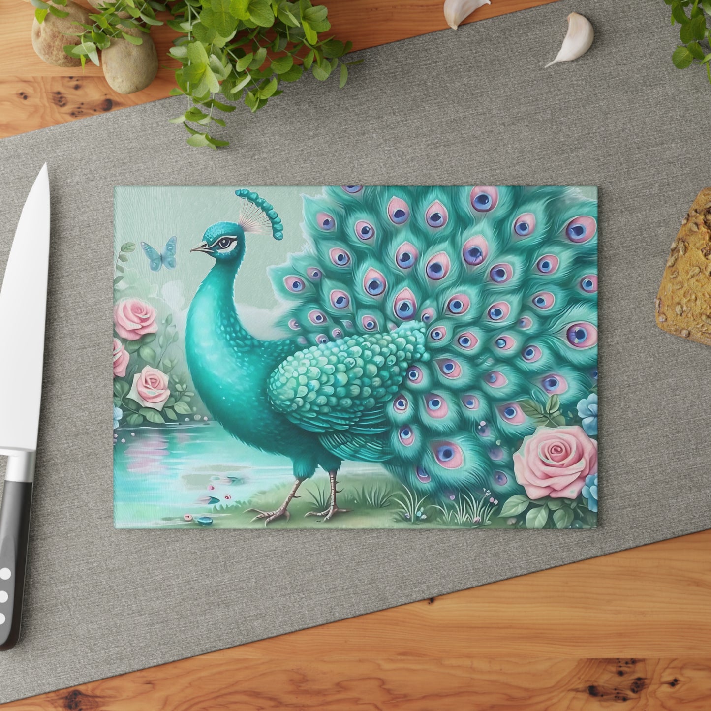Decoración de pavo real, decoración de mariposas, tabla de cortar, decoración de cocina, arte de cocina, tabla de servir, regalo de pavo real, regalo de mariposa, tabla de cortar floral