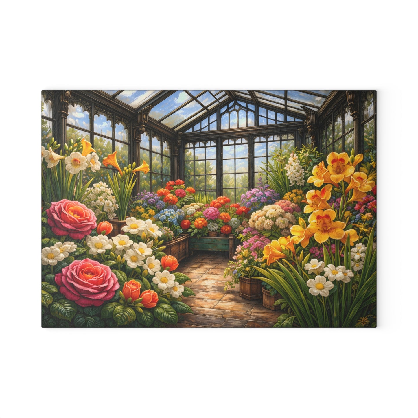 Sunlit Garden Conservatory Glass Cutting Board – Floral Greenhouse Kitchen Décor