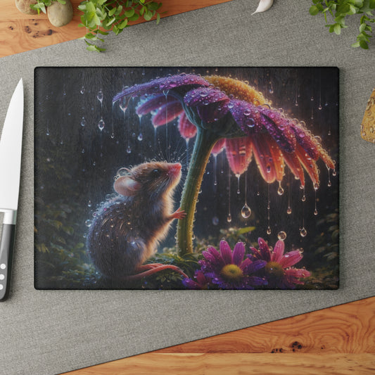 Rainy Garden Mouse Glass Cutting Board – Whimsical Nature Artwork