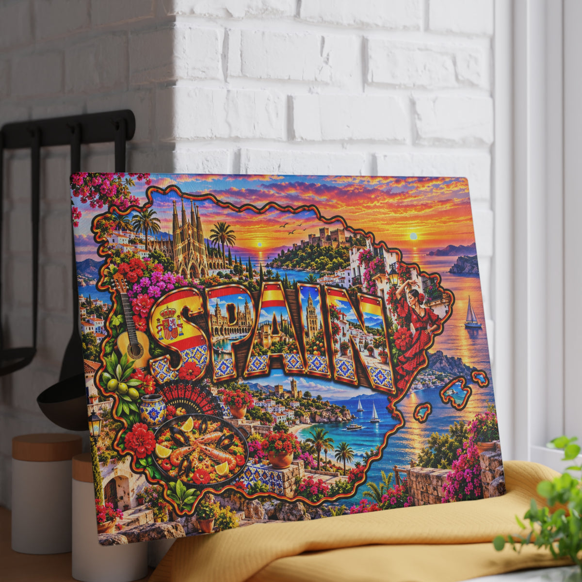 Spain Glass Cutting Board – Spanish Map, Flamenco Dancer, Sagrada Família, Coastal Villages & Mediterranean Sunset Kitchen Décor