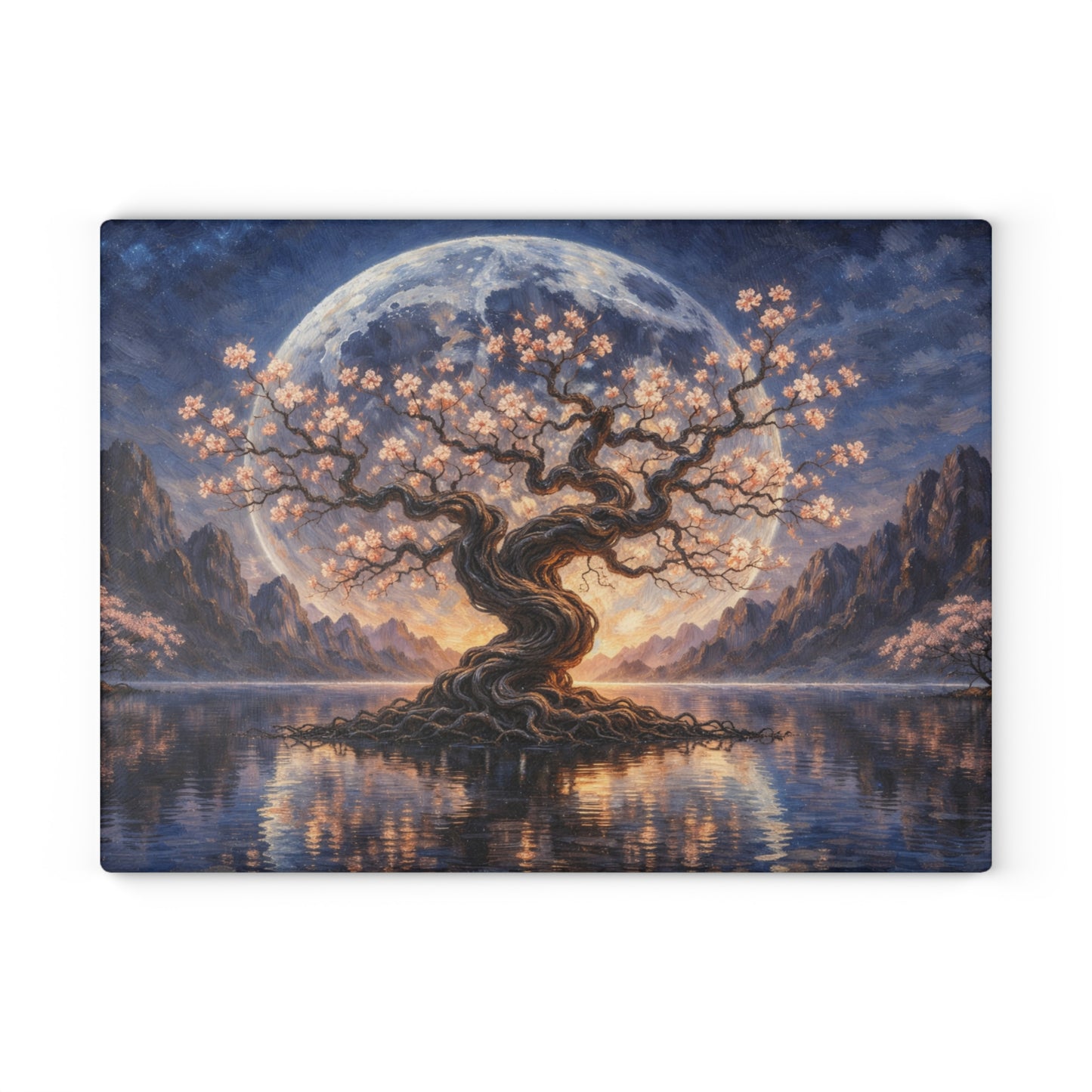 Moonlit Blossom Tree Glass Cutting Board – Dreamlike Fantasy Kitchen Art