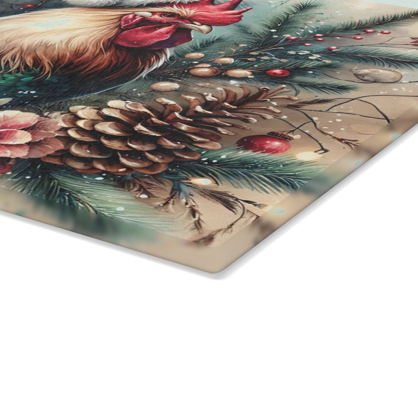 🐓🎄 “Holiday Rooster” Tempered Glass Board – Festive Farmhouse Cheer for Your Kitchen