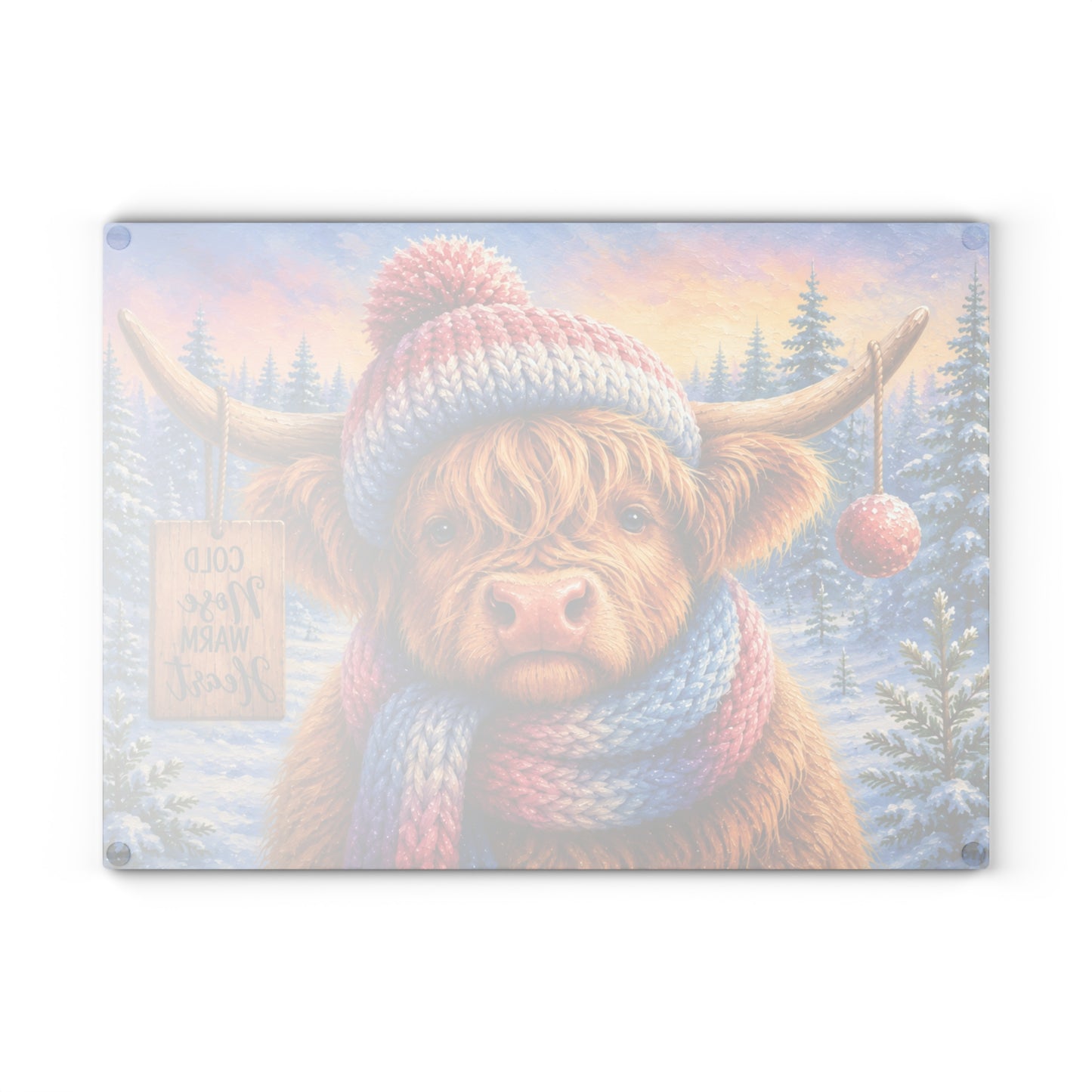 Cold Nose Warm Heart Highland Cow Glass Cutting Board – Cozy Winter Cow Kitchen Decor