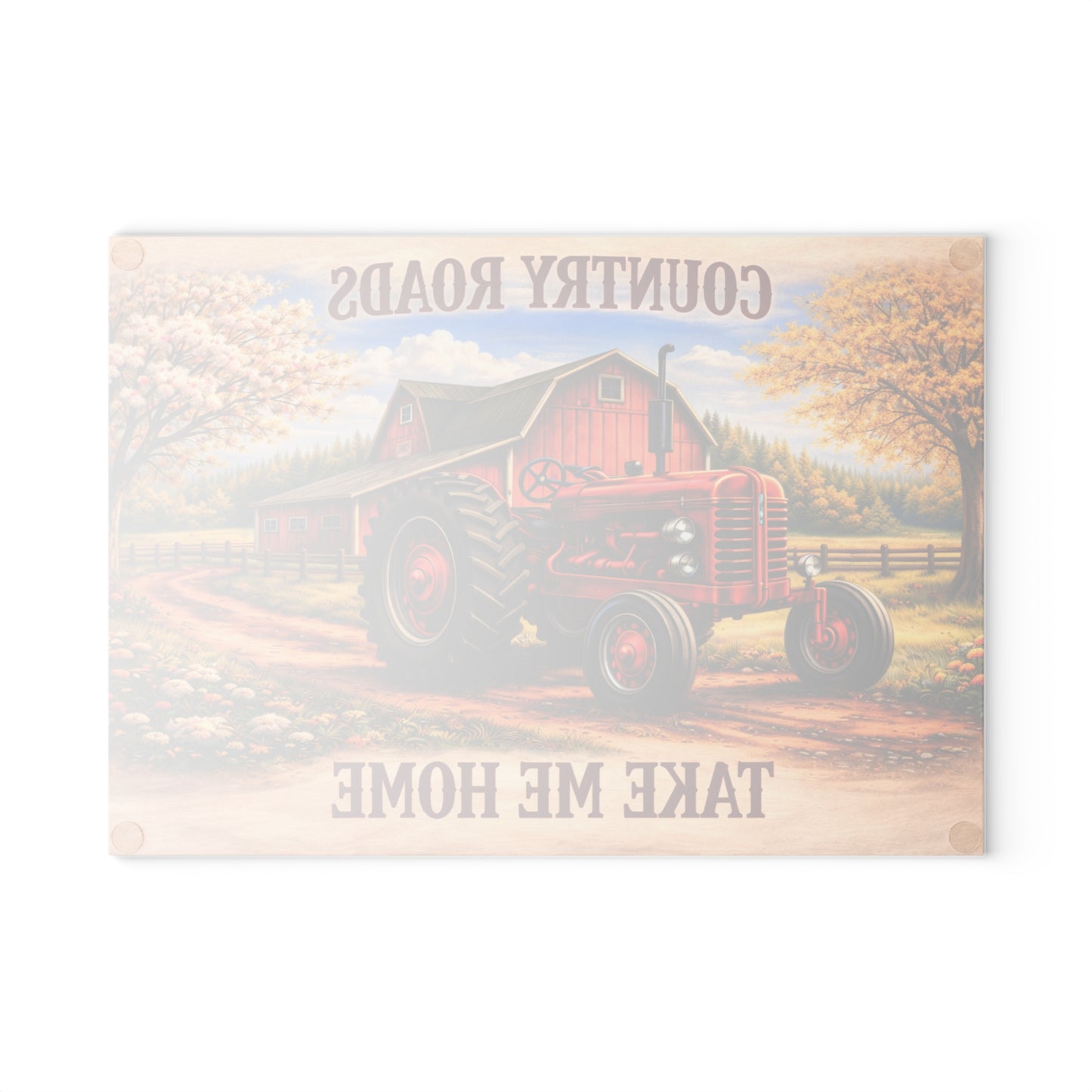 Country Roads Tractor Glass Cutting Board – Rustic Farmhouse Charm for Your Kitchen