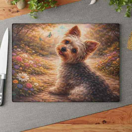 Whimsical Yorkshire Terrier Garden Glass Cutting Board – Personalized Dog Lover Floral Artwork