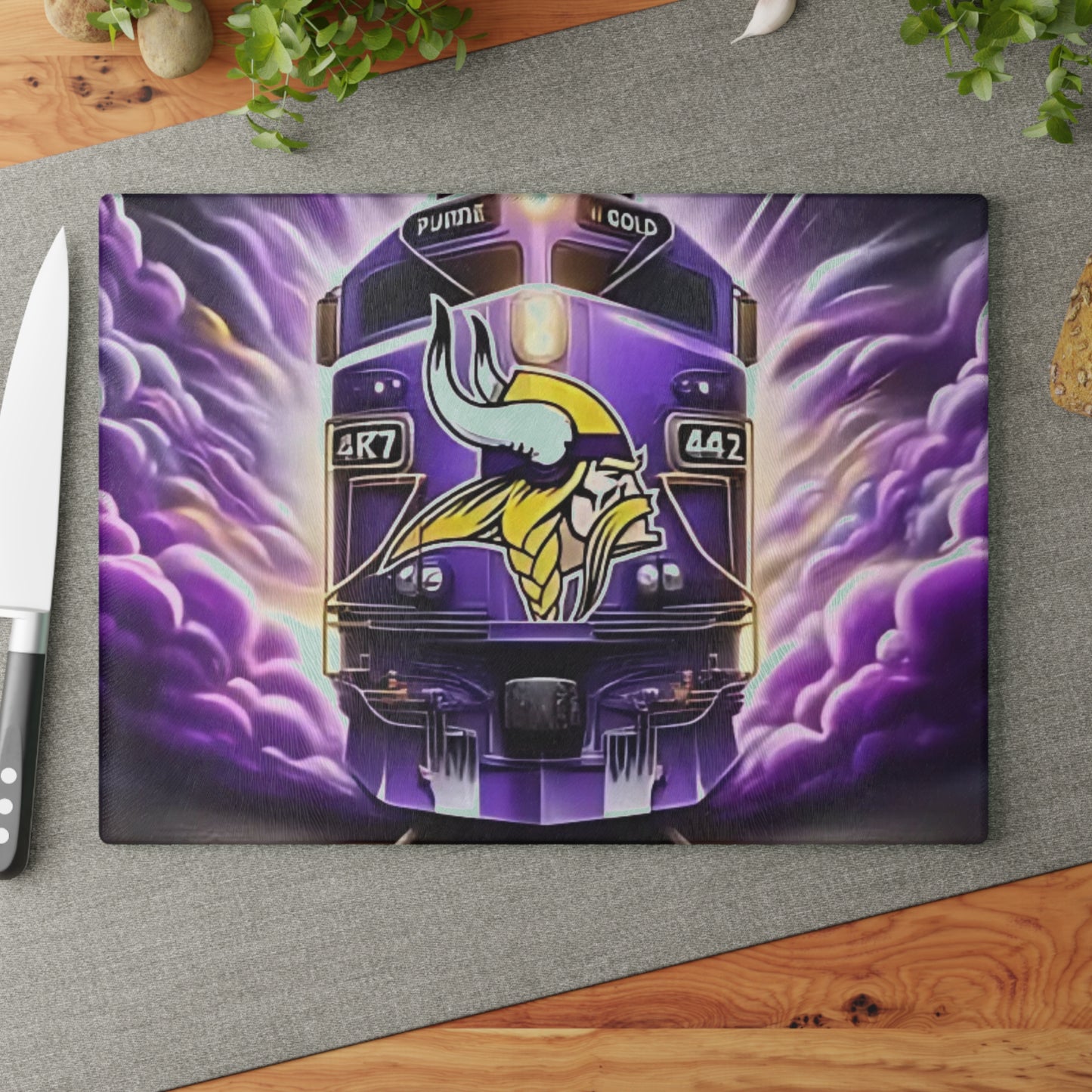Purple & Gold Express Glass Cutting Board – Regal Train Design for Elegant Kitchens
