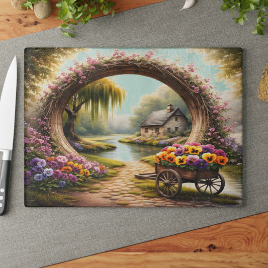 Enchanted Cottage Arch Glass Cutting Board – Storybook Garden Kitchen Decor