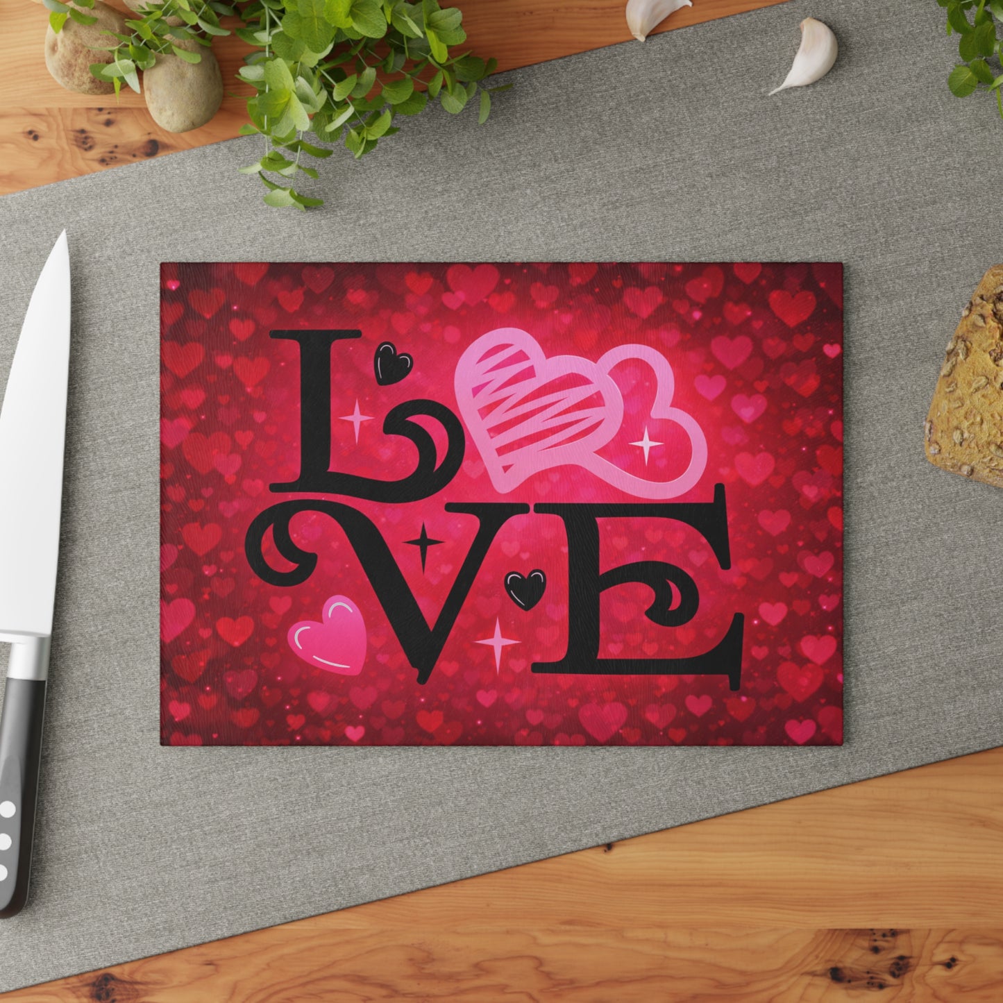 LOVE Heart Typography Glass Cutting Board – Romantic Red Heart Design for Meaningful Home Decor