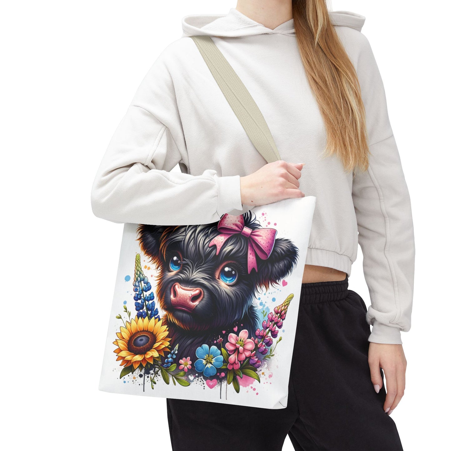 🌸 Black Highland Calf Floral Tote Bag – Sweet Style for Every Age 🐮👜