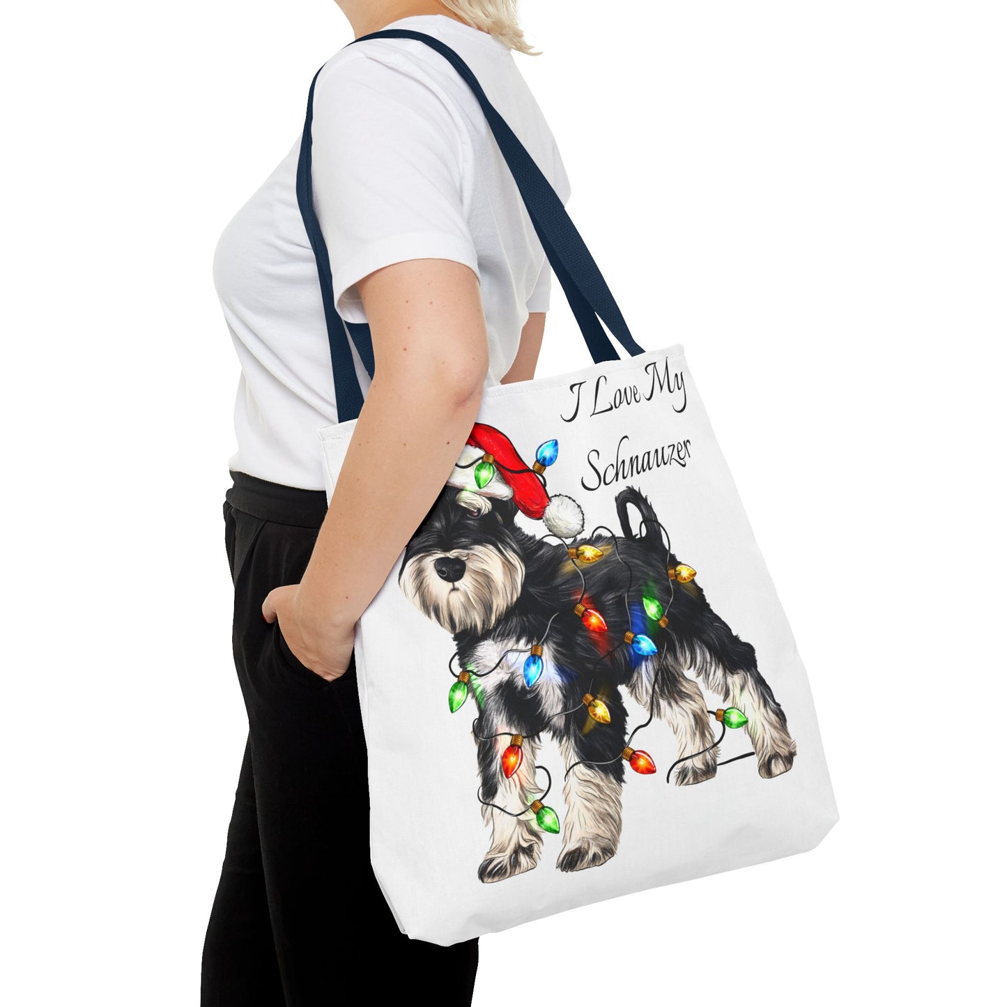 🎄 I Love My Schnauzer Tote Bag – Christmas Lights & Holiday Woofs 🐾