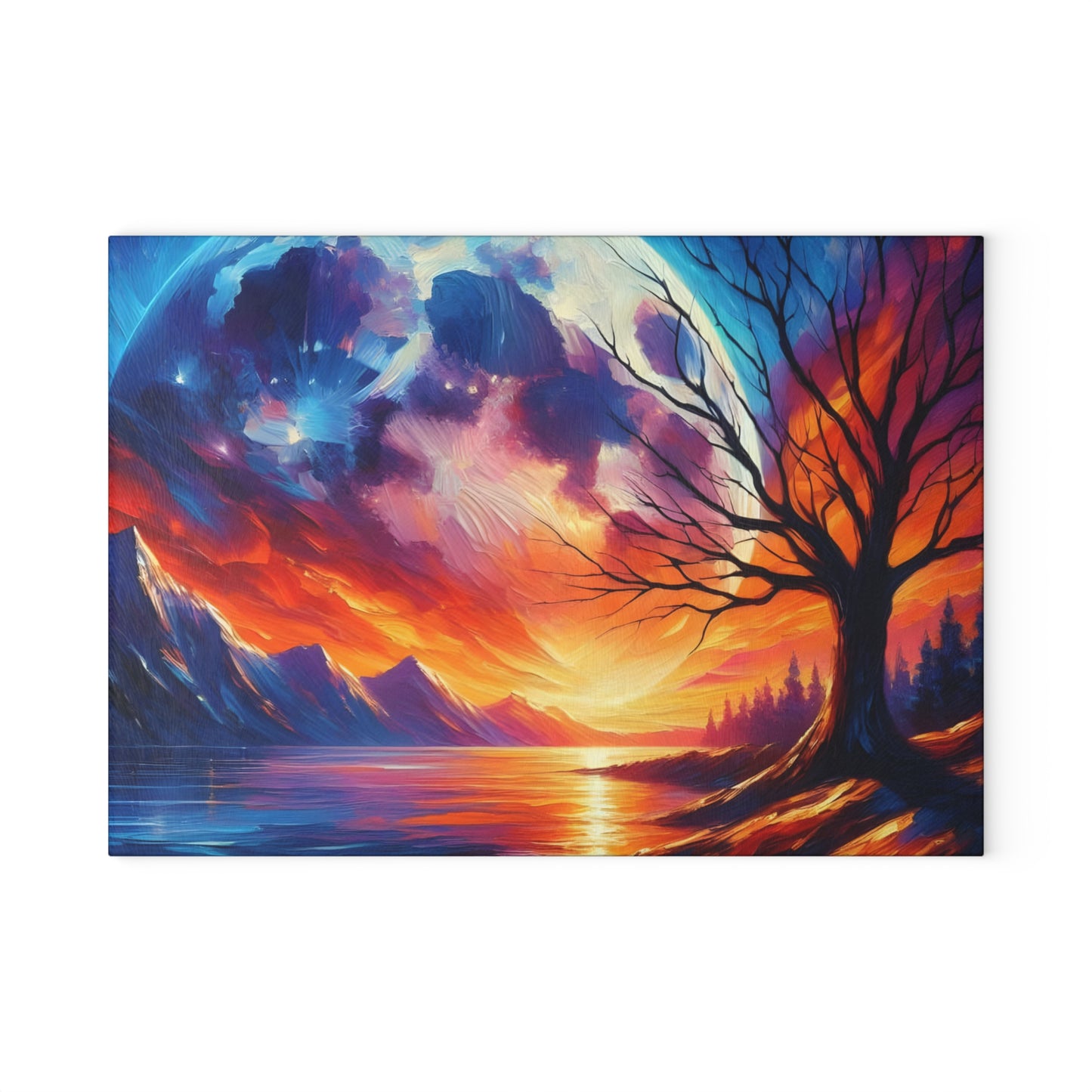 🌙🔥 Celestial Sunset Glow Cutting Board – Vibrant Sky & Tree Reflection Art 🔥🌙
