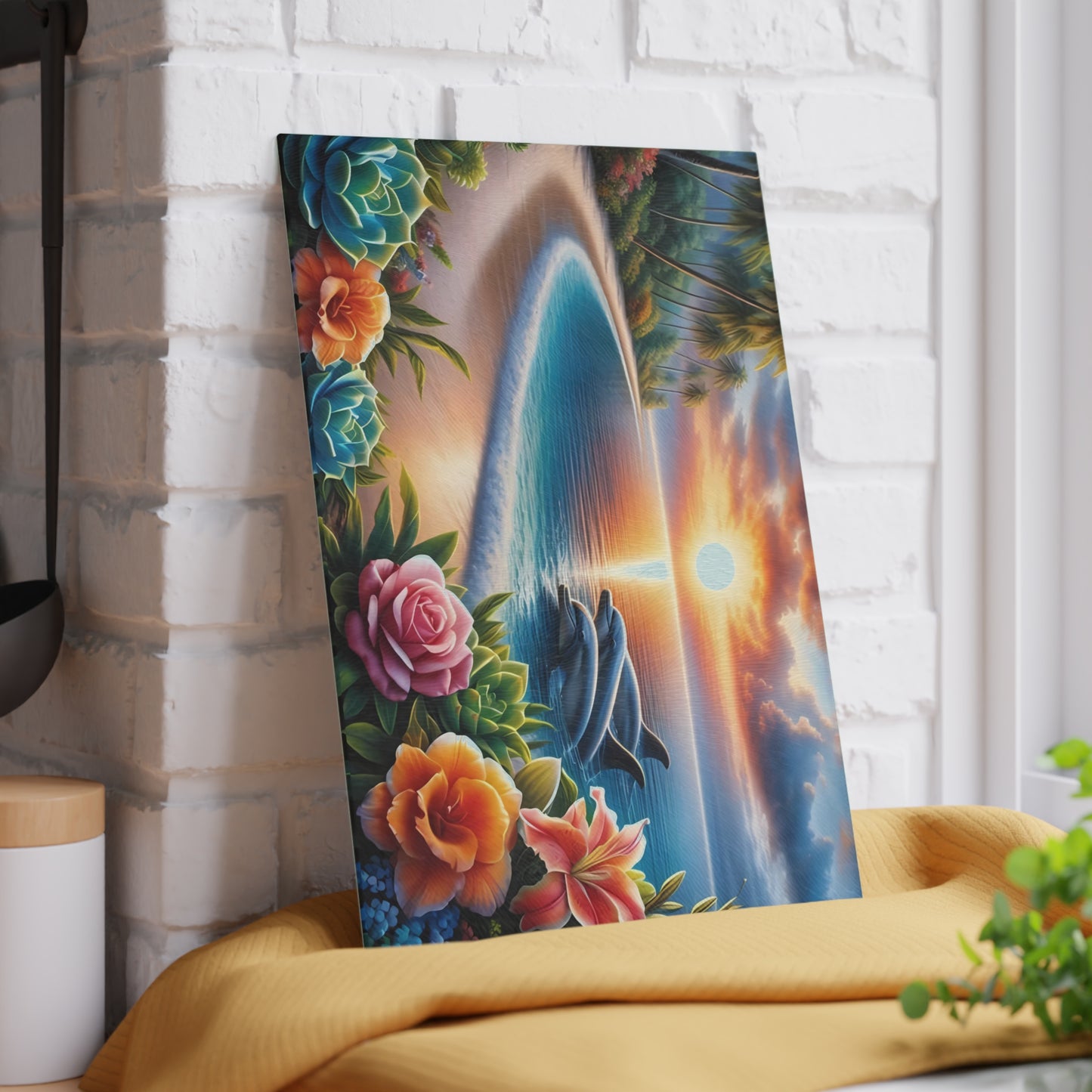 Tabla de cortar con diseño de delfín, vidrio templado con vibrantes escenas de delfines, regalo para chef, regalo para ella, regalo de boda o inauguración de la casa.
