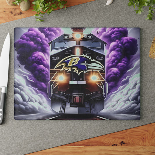 Tabla de cortar de vidrio Express morado y negro: un arte de tren feroz para cocinas elegantes y audaces