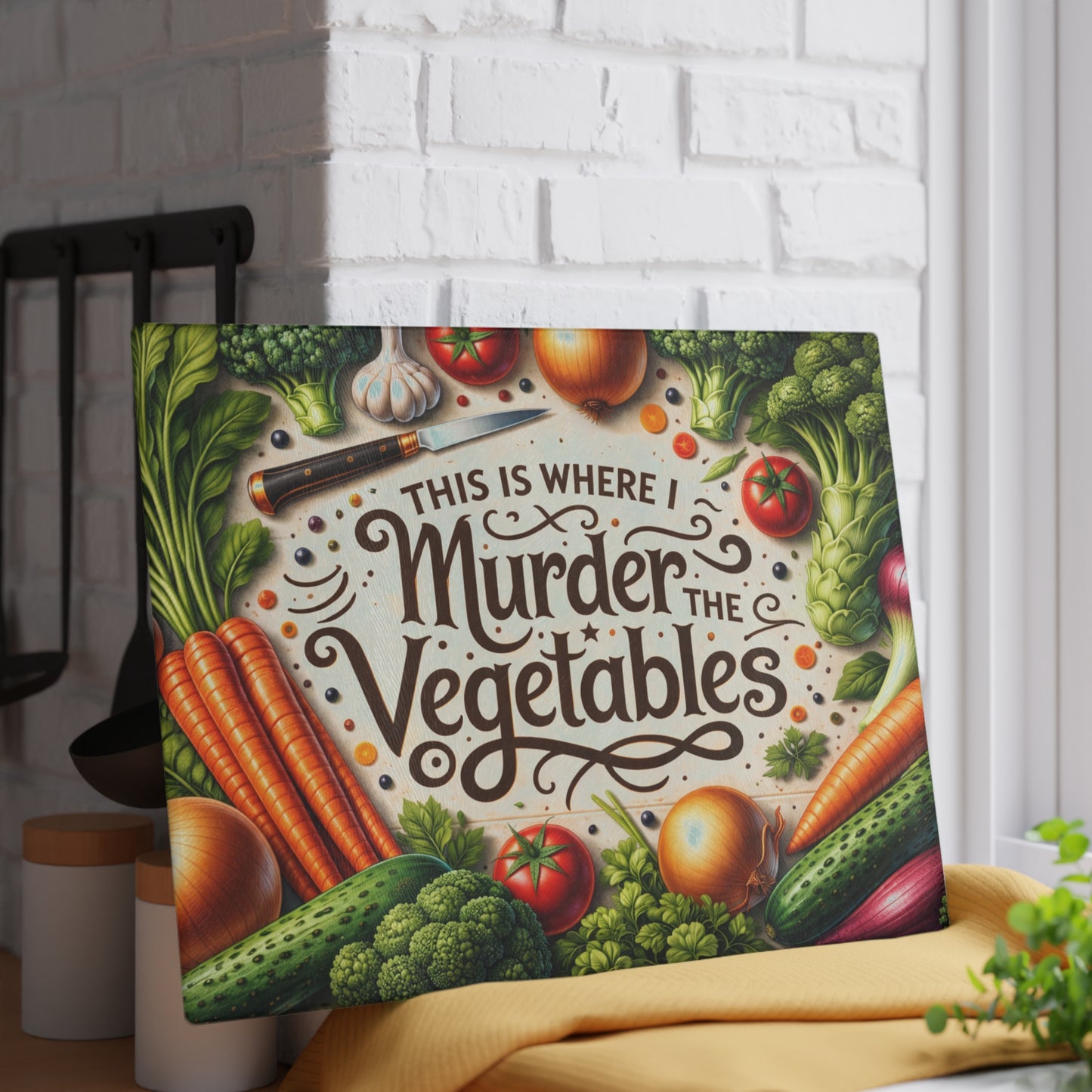 This Is Where I Murder the Vegetables Glass Cutting Board – Funny Kitchen Typography with Fresh Produce Art