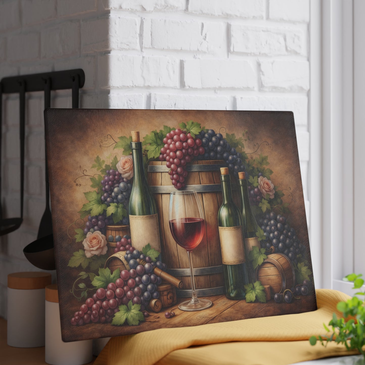 Vintage Vineyard Still Life Glass Cutting Board – Rustic Wine Cellar Artwork for Kitchen Display