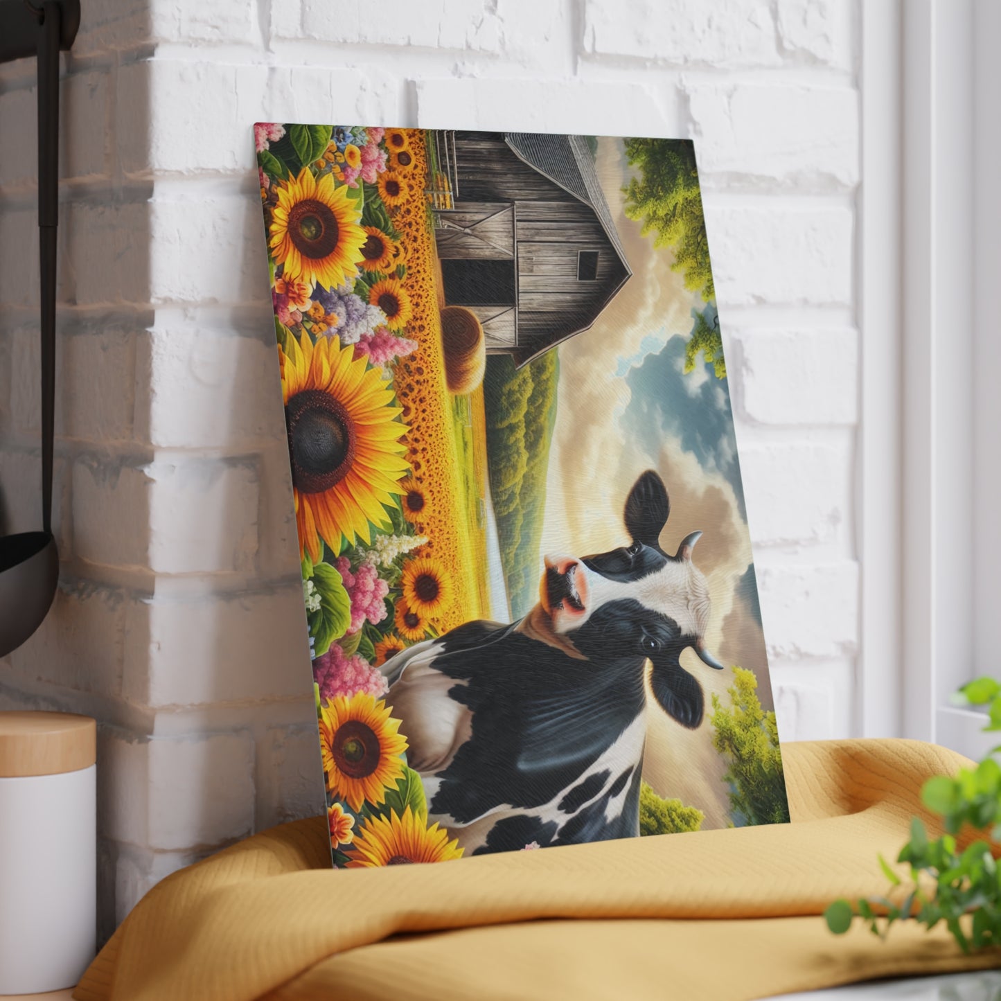 🐄🌻 Black & White Cow in Sunflower Field Glass Cutting Board – Peaceful Barn, Lake & Nature Scene 🌳