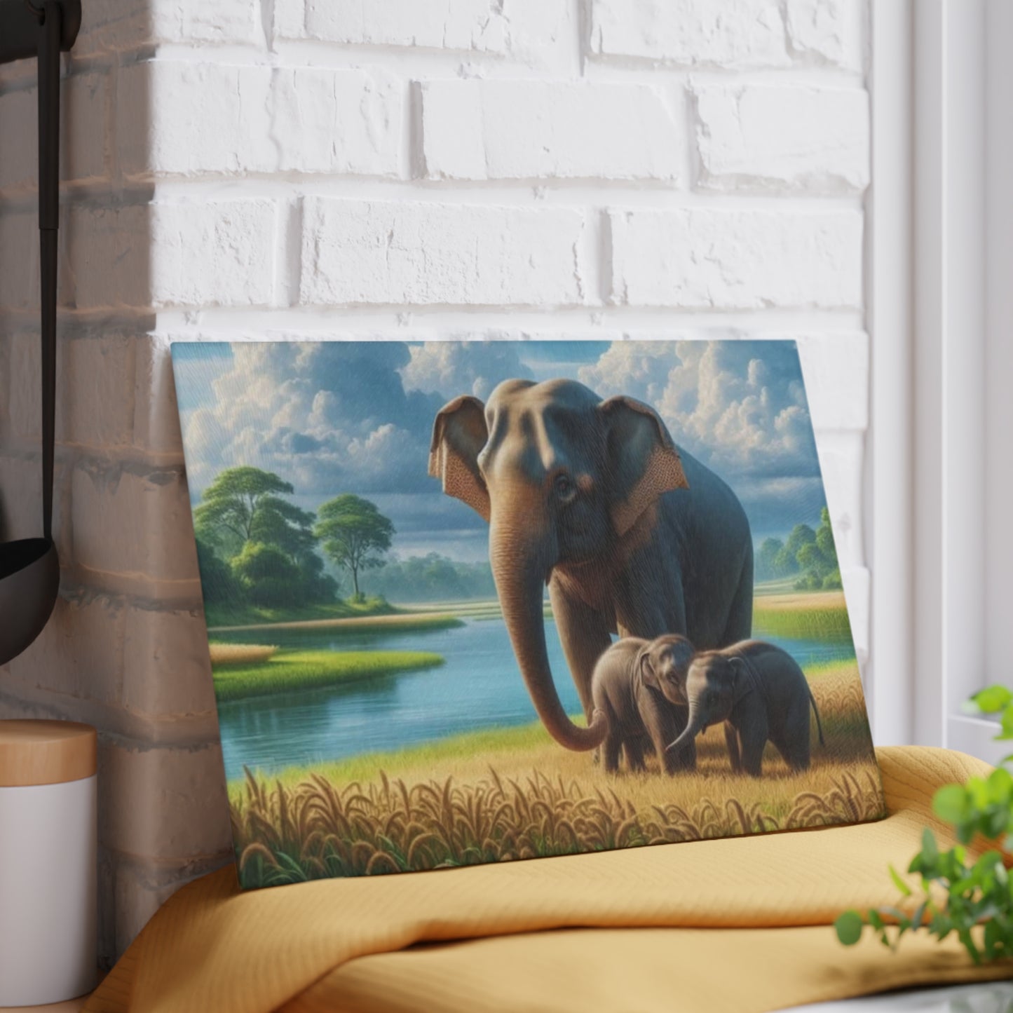 Mama Elephant and Babies Glass Cutting Board – Nature-Inspired Wildlife Kitchen Decor