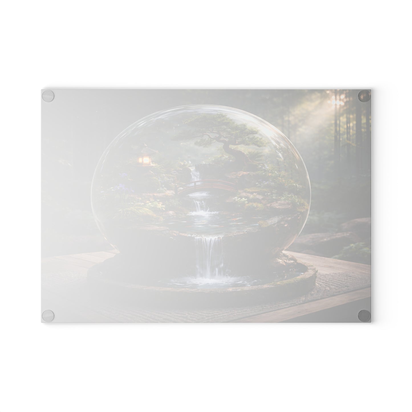 Zen Garden Waterfall Globe Glass Cutting Board – Tranquil Japanese-Inspired Nature Art