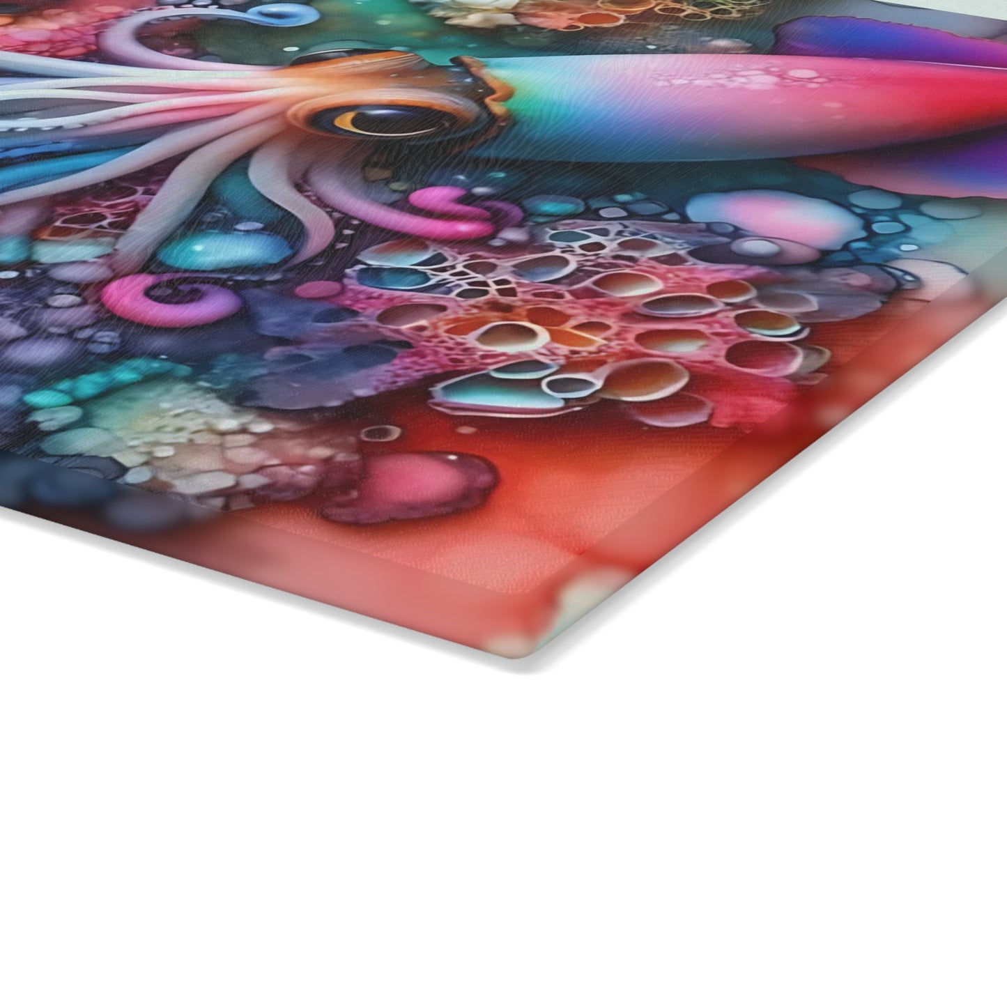 Tabla de cortar de vidrio con diseño de calamar en acuarela: arte submarino vibrante para exhibiciones de cocina llamativas