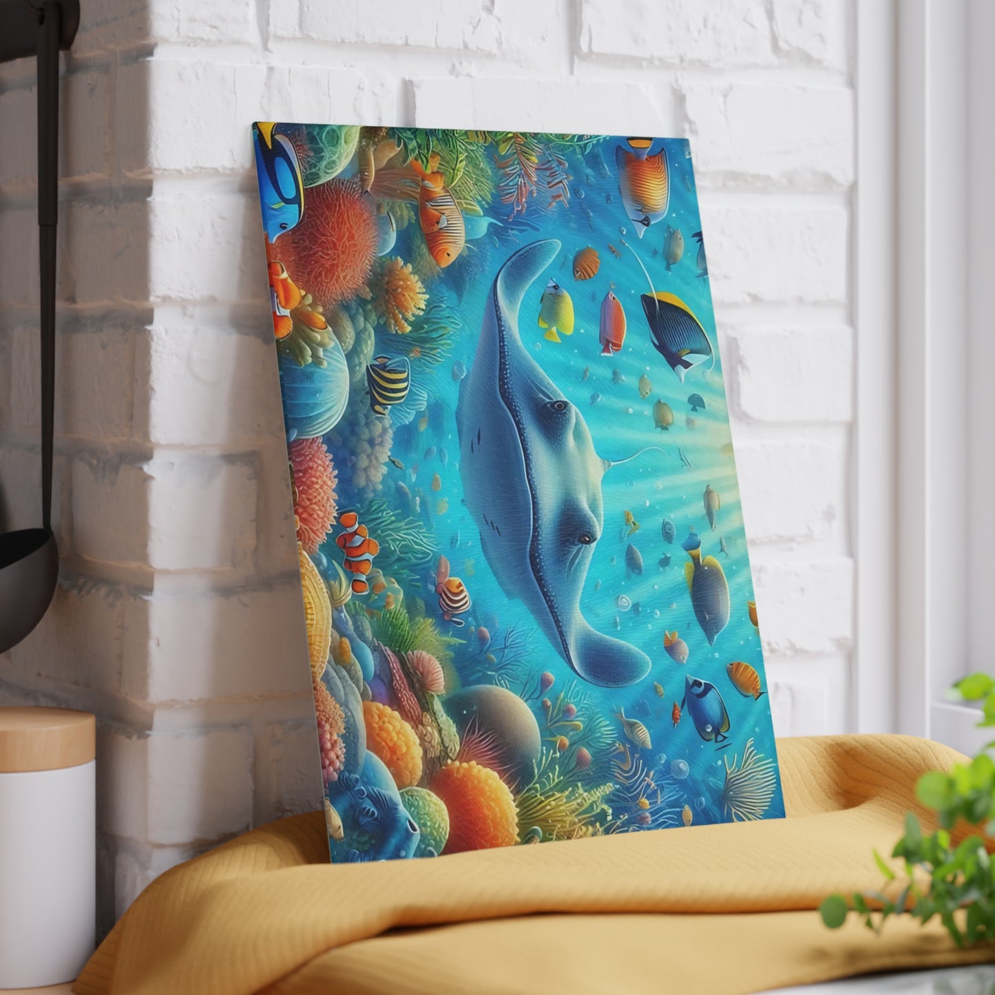 Tabla de cortar de vidrio con diseño de raya y arrecife de coral: decoración de cocina con vida marina y peces de agua salada