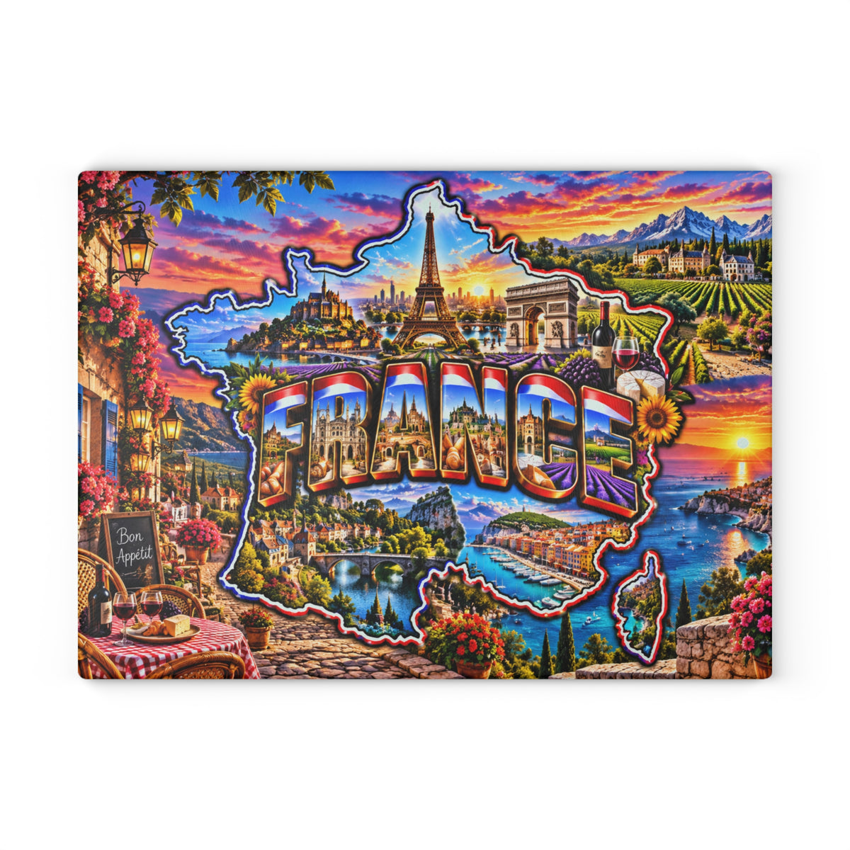 France Map Cutting Board – Eiffel Tower, Paris Landmarks, Lavender Fields, French Riviera & Scenic Kitchen Décor