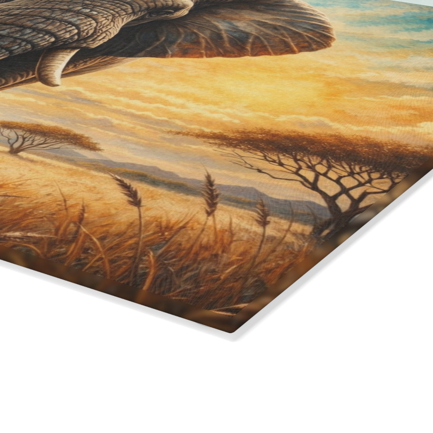 Savanna Guardian Elephant Glass Cutting Board – Dramatic Wildlife Sunset Kitchen Art