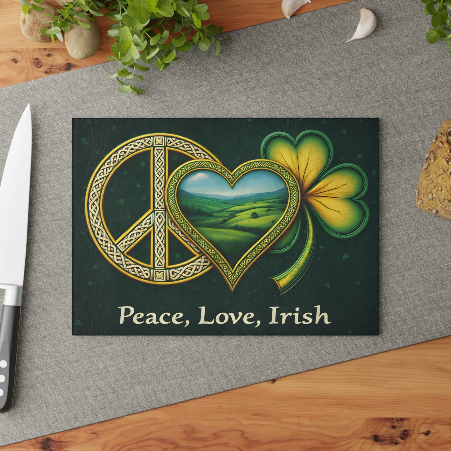 Peace, Love, Irish Glass Cutting Board – Celtic Shamrock St. Patrick’s Day Kitchen Art