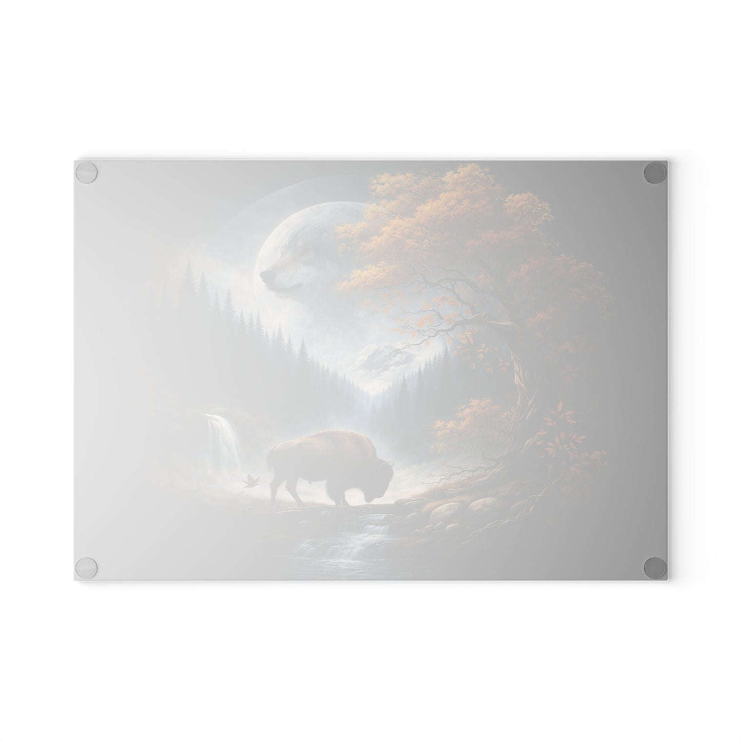 Moonlit Wolf Spirit Forest Glass Cutting Board – Mystical Wildlife Landscape Kitchen Art
