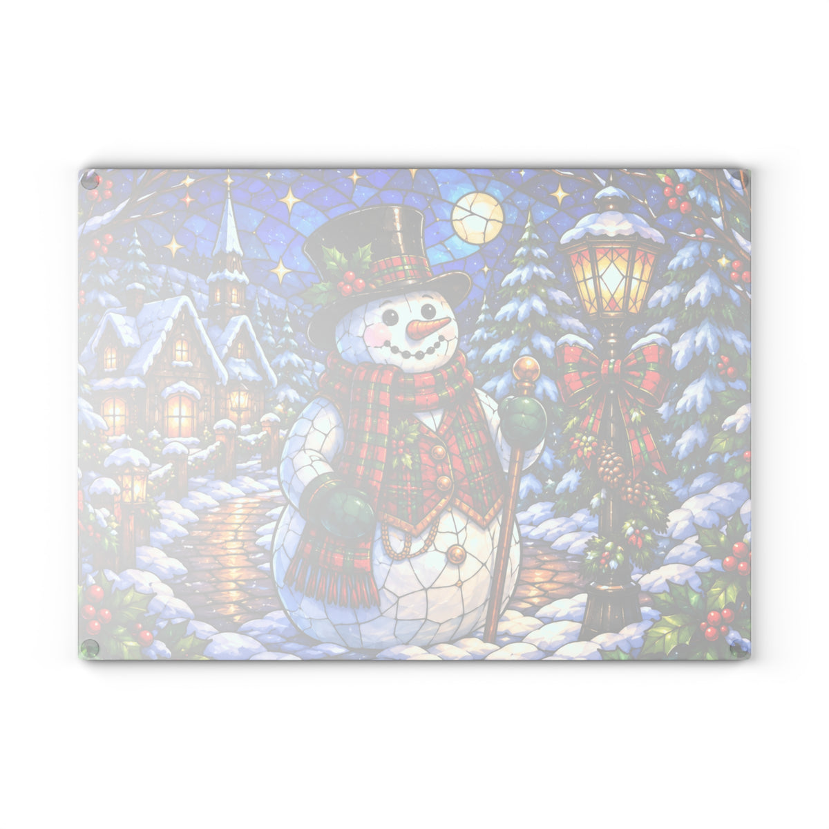 Snowman Christmas Village Stained-Glass-Look Glass Cutting Board – Winter Holiday Kitchen Decor