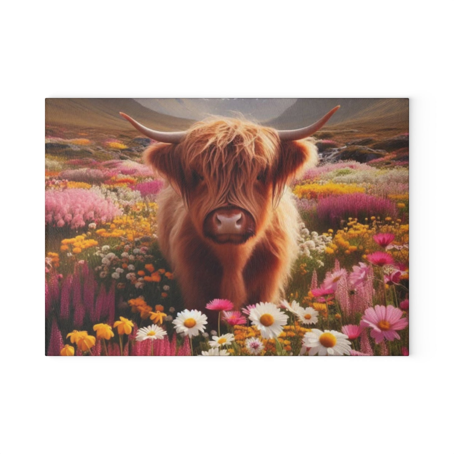 🐮 Highland Cow in a Field of Flowers – Rustic Floral Glass Cutting Board