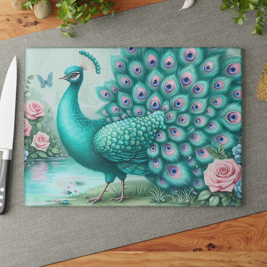 Decoración de pavo real, decoración de mariposas, tabla de cortar, decoración de cocina, arte de cocina, tabla de servir, regalo de pavo real, regalo de mariposa, tabla de cortar floral