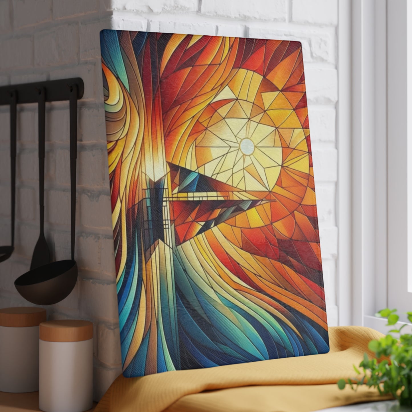 Tabla de cortar con diseño de velero al atardecer con aspecto de vitral: arte costero colorido para la cocina