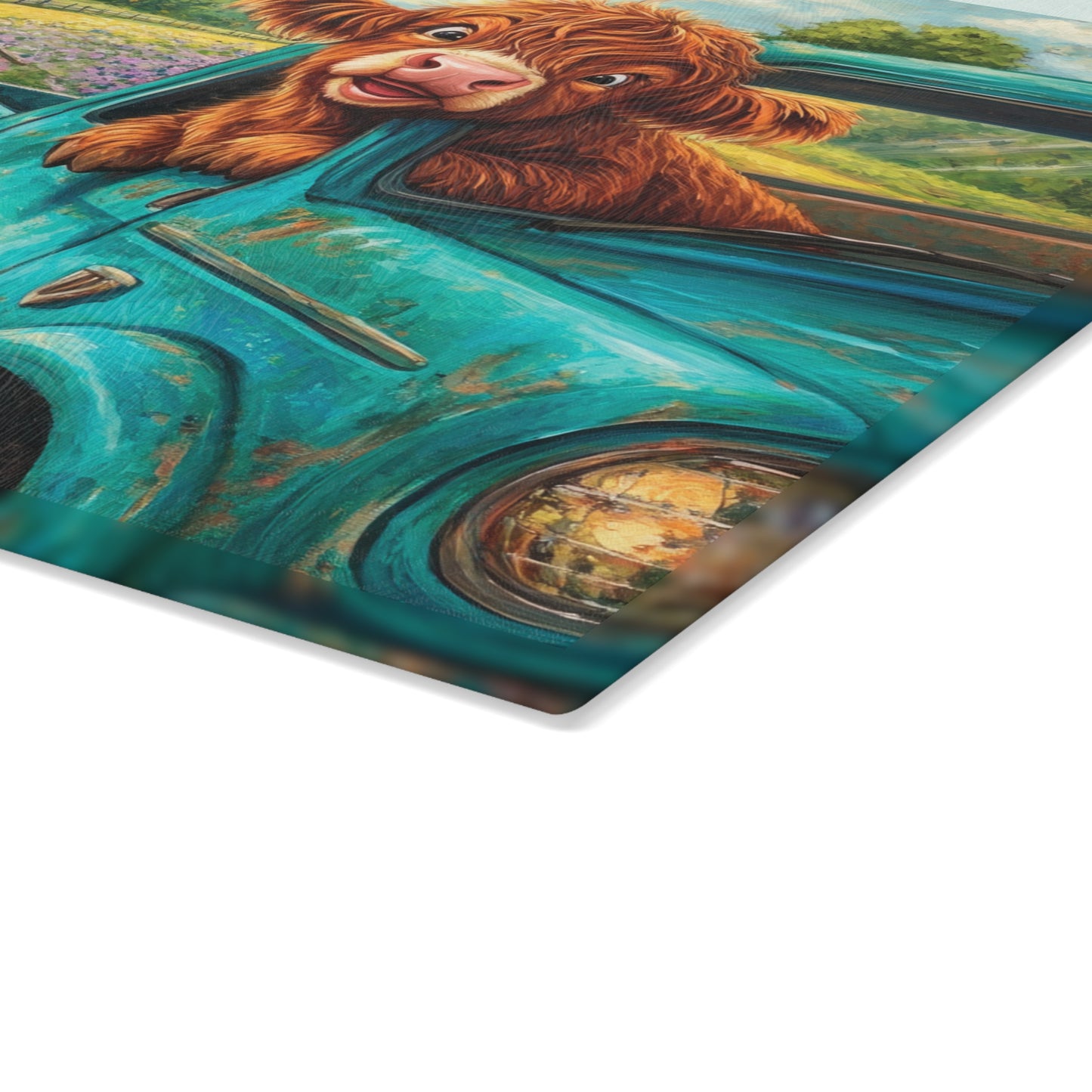 🚚🌼 Excited Baby Highland Cow in Old Truck Glass Cutting Board – Farm Road Joyride with Sunflowers & Barn 🐮🌻