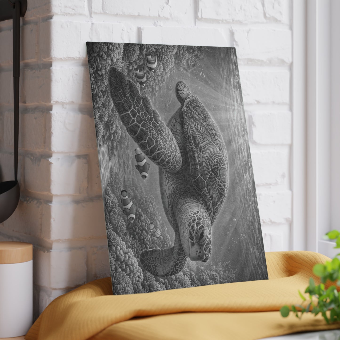 Sacred Depths Sea Turtle Glass Cutting Board – Black & White Ocean Artwork