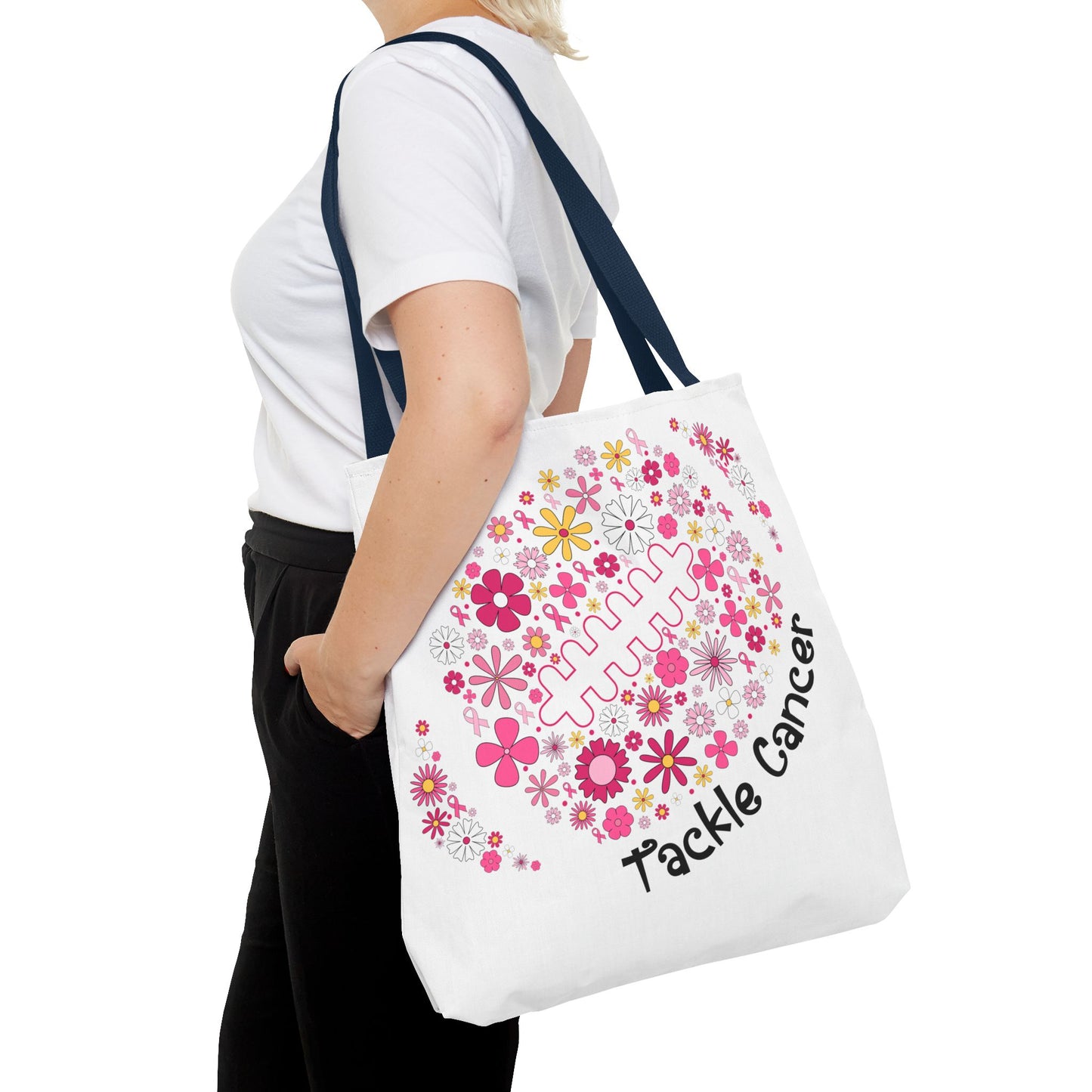🌸 Pink Floral Football Tote Bag – Game Day Meets Breast Cancer Awareness 🎀👜