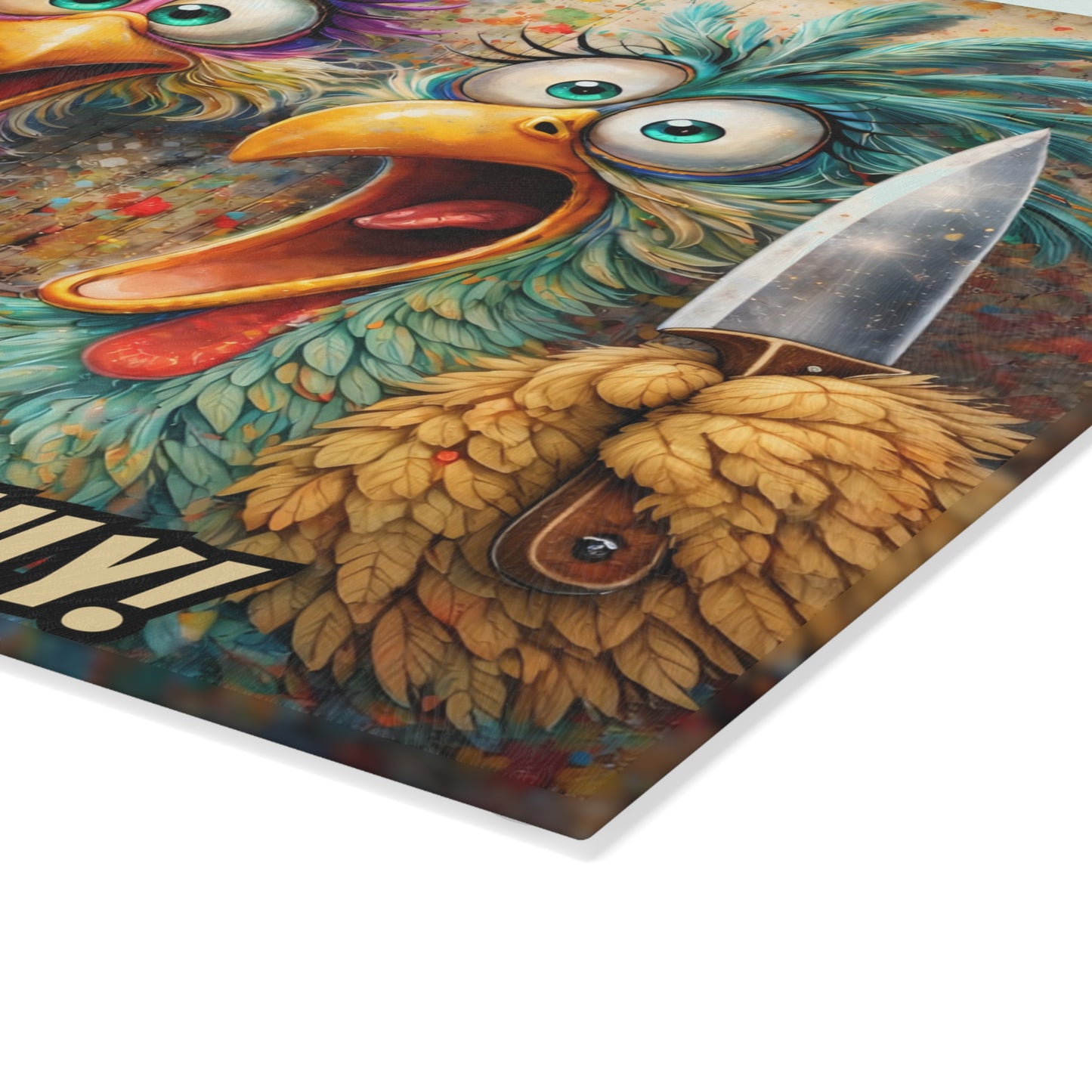 Kitchen Chaos Served Daily Glass Cutting Board – Colorful Chicken Kitchen Humor