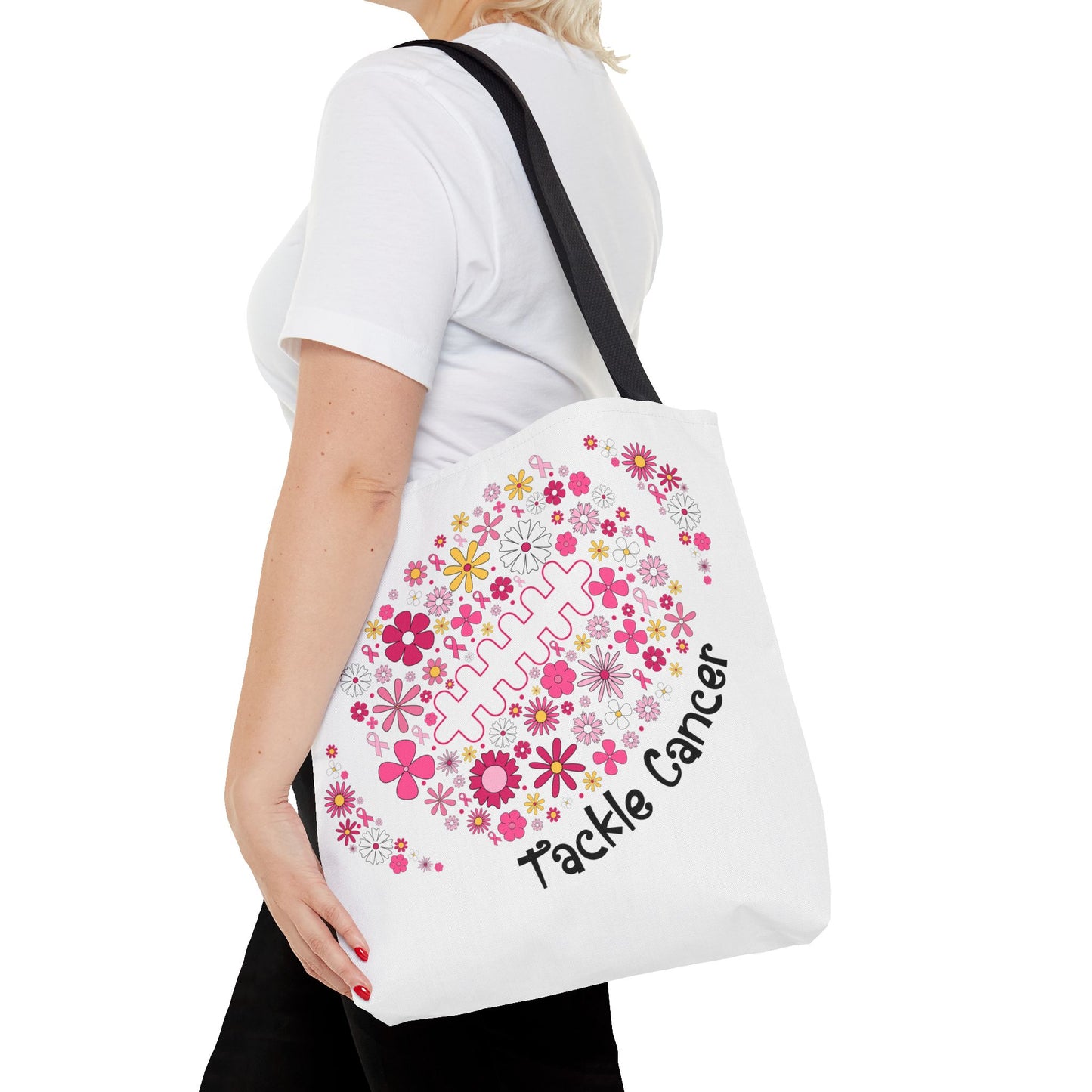 🌸 Pink Floral Football Tote Bag – Game Day Meets Breast Cancer Awareness 🎀👜