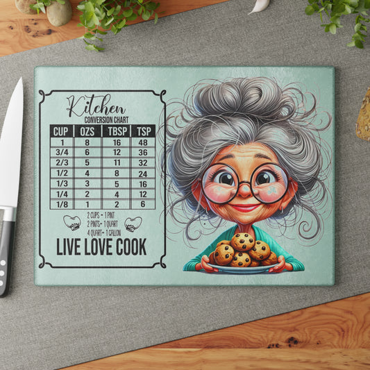 🍪 Live Love Cook Kitchen Conversion Cutting Board – Whimsical Grandma & Cookie Chart Design