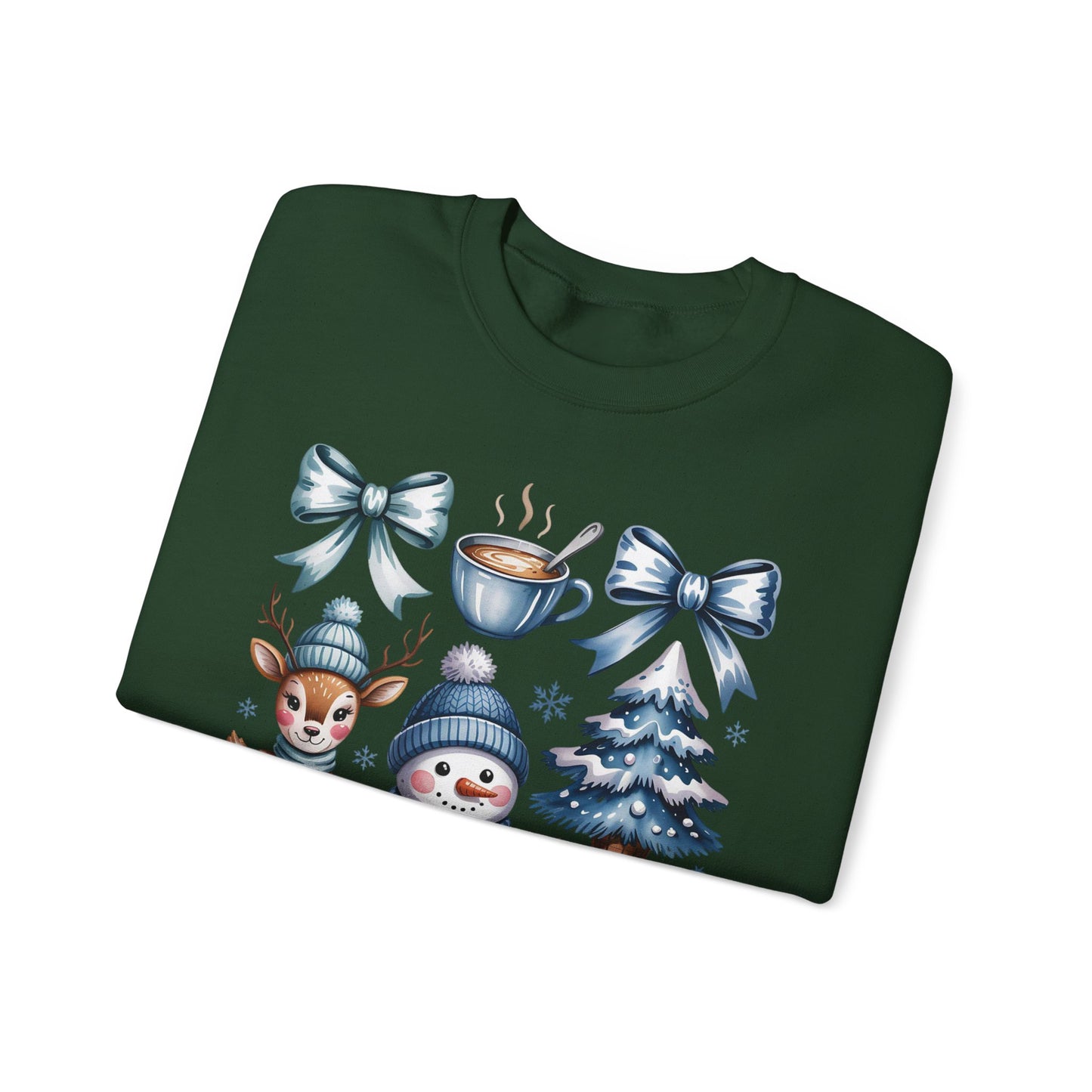 ❄️💙 Cozy Winter Vibes Crewneck – Reindeer, Snowman, Cocoa & Bows